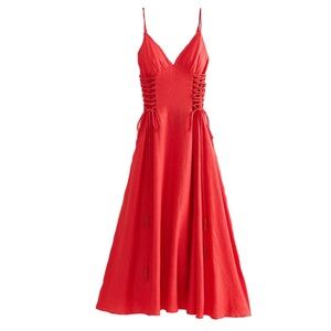 NWT FARM Rio Red Strapless Midi With Corset Detailing
